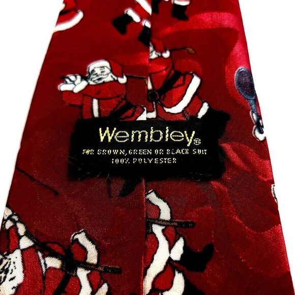 Wembley Christmas Santa Klaus Golf Fishing Red Polyester Jacquard Print Tie - Picture 3 of 6